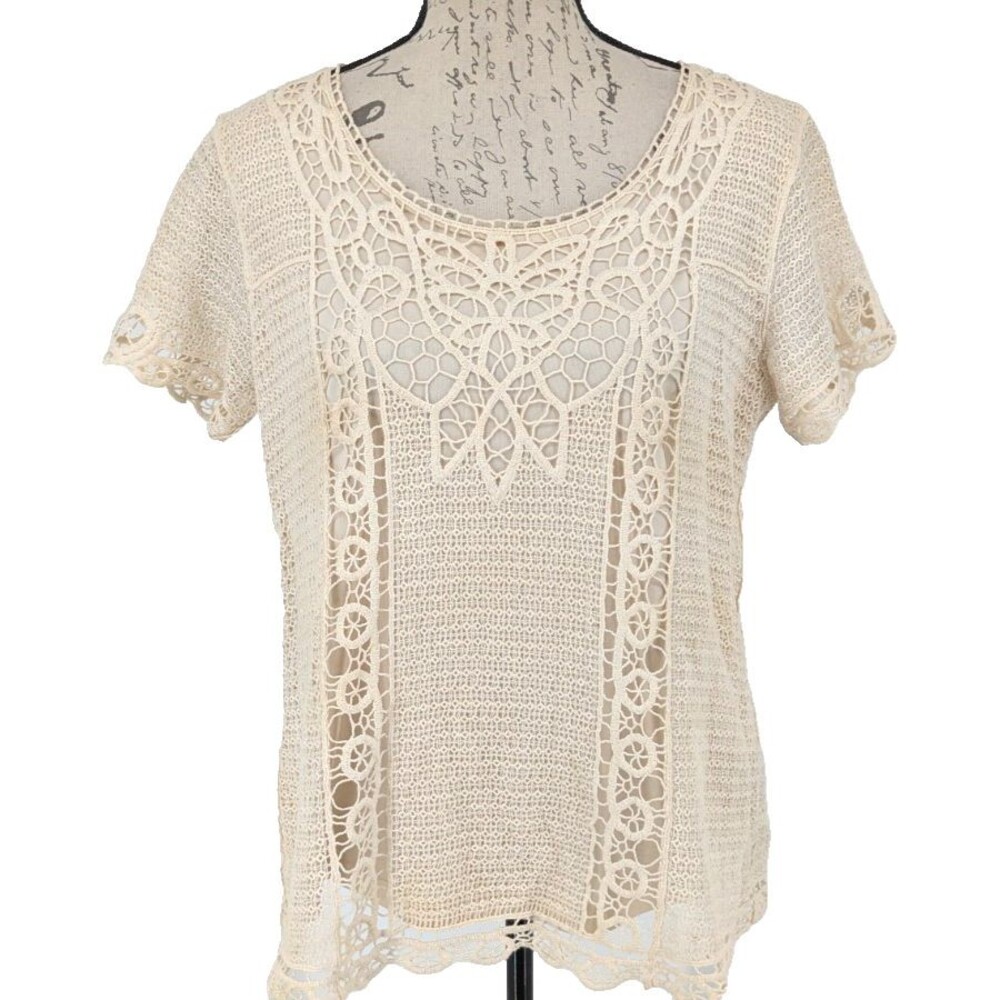 Bohemian Crochet Layered Top LARGE Cotton Cream Peasant Prairie Excellent Gift